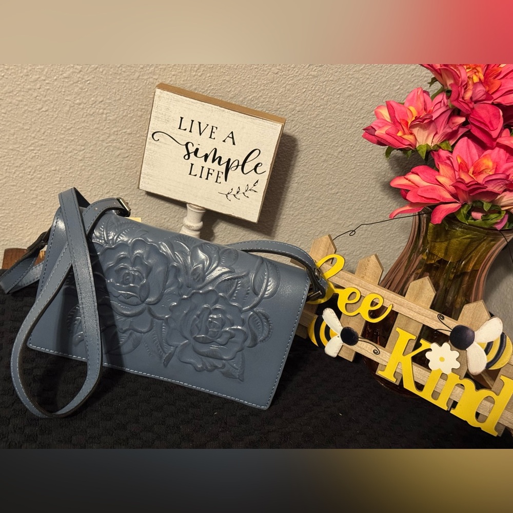Patricia Nash Kent Burnished Rose Tooled Collection Mirage Blue Crossbody
